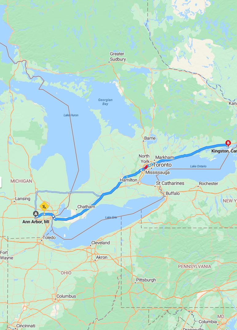 driving from Ann Arbor, Michigan to KingstonOntario - map and route