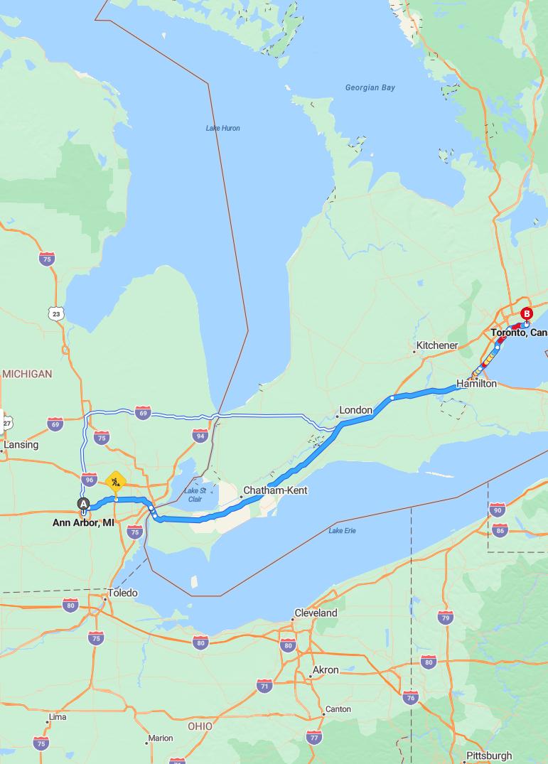 driving from Ann Arbor, Michigan to TorontoOntario - map and route