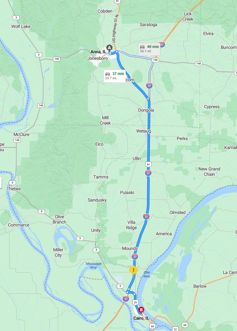 driving from Anna, Illinois to CairoIllinois - map and route