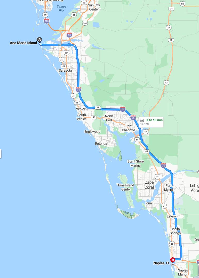 driving from Anna Maria Island, Florida to NaplesFlorida - map and route