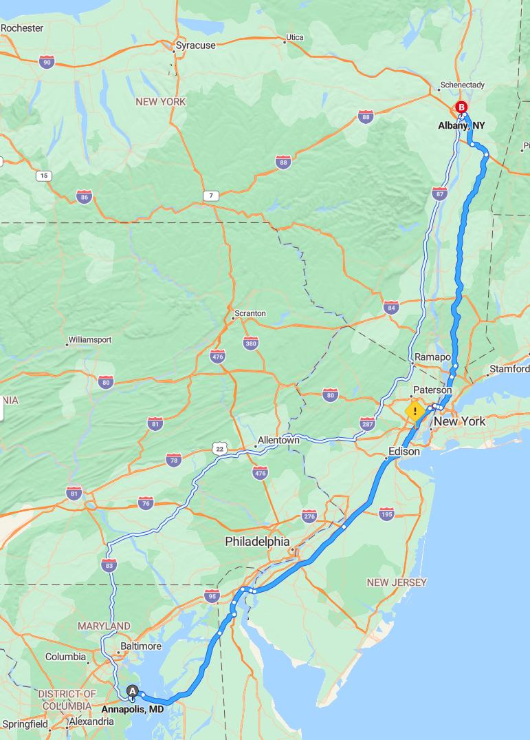 driving from Annapolis, Maryland to AlbanyNew York - map and route