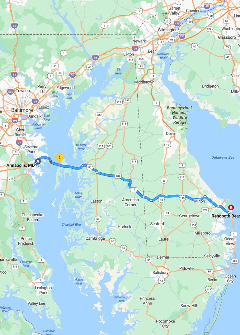 driving from Annapolis, Maryland to Rehoboth BeachDelaware - map and route