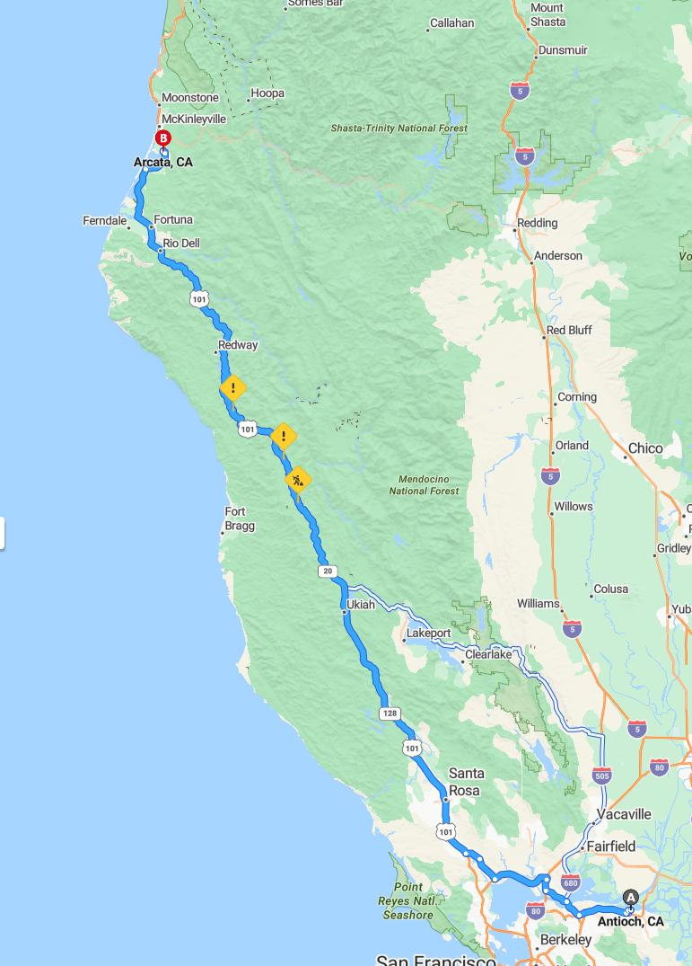 driving from Antioch, California to ArcataCalifornia - map and route