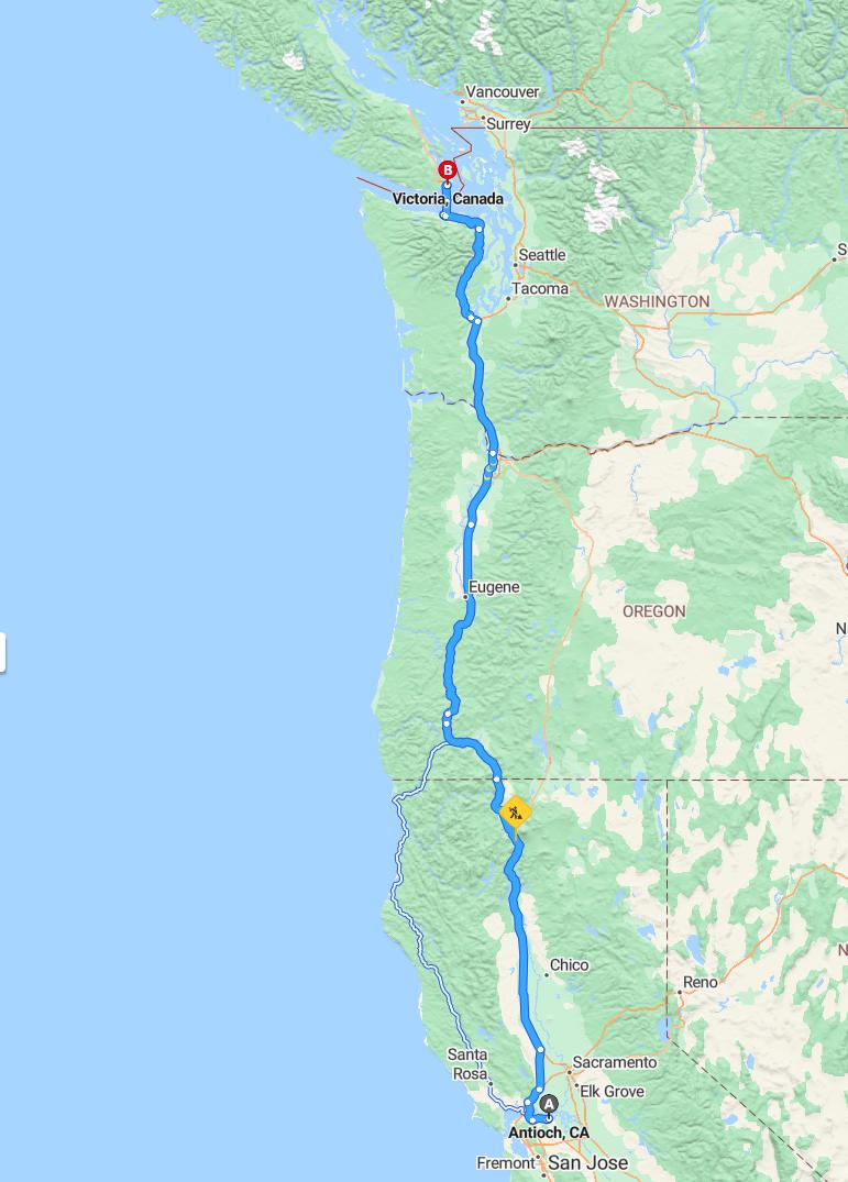 driving from Antioch, California to VictoriaBritish Columbia - map and route