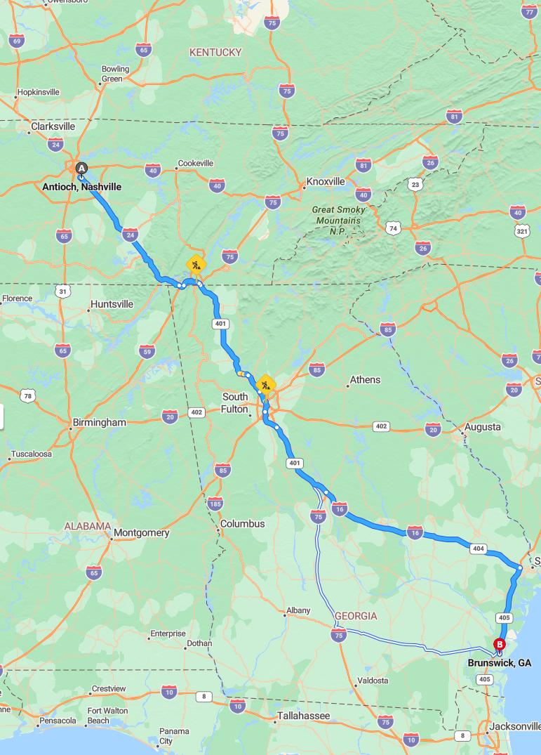 driving from Antioch, Tennessee to BrunswickGeorgia - map and route