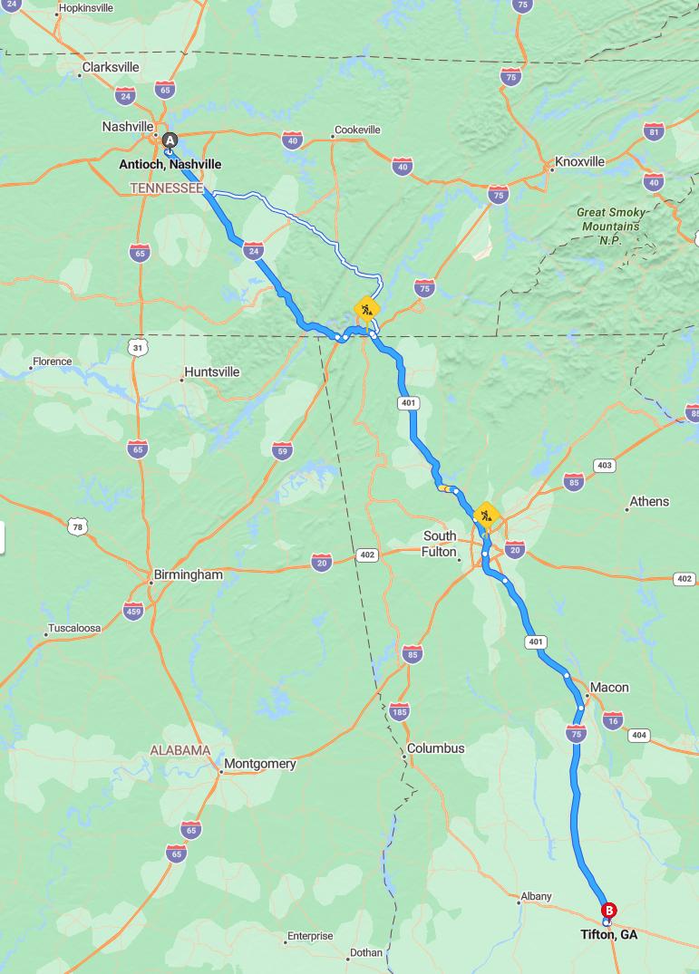 driving from Antioch, Tennessee to TiftonGeorgia - map and route