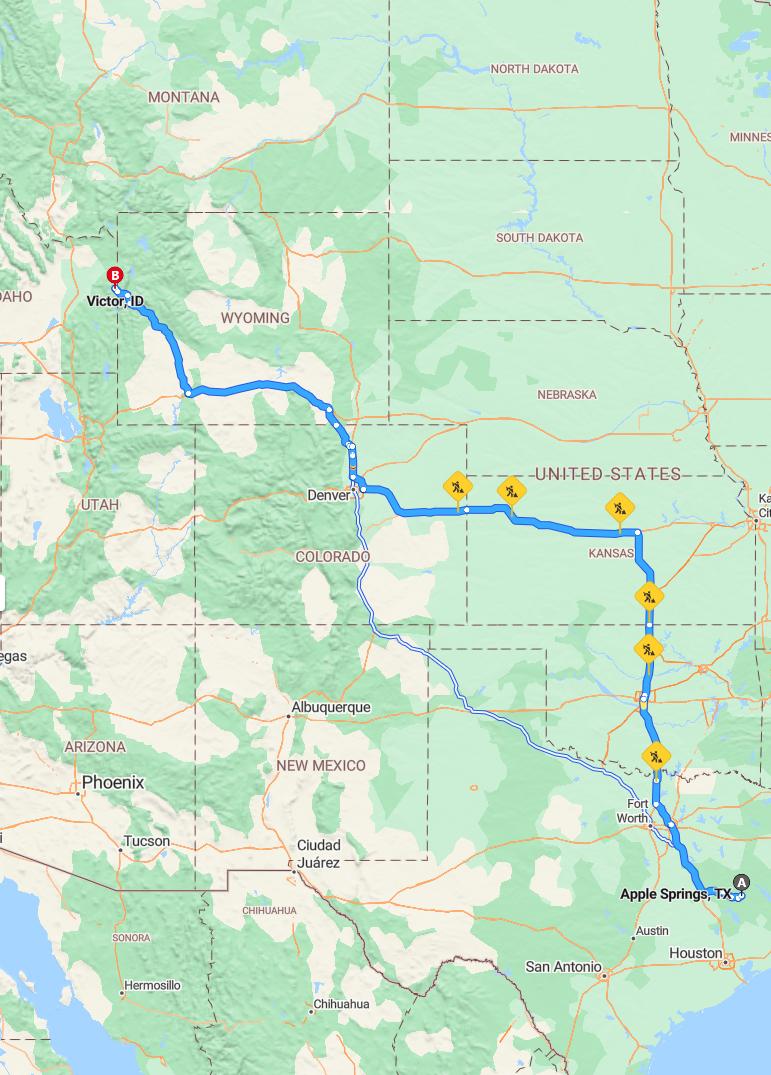 driving from Apple Springs, Texas to VictorIdaho - map and route