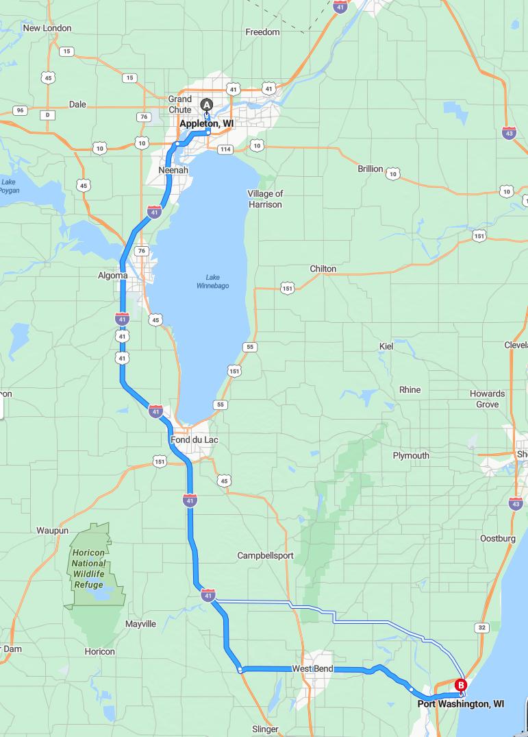 driving from Appleton, Wisconsin to Port WashingtonWisconsin - map and route
