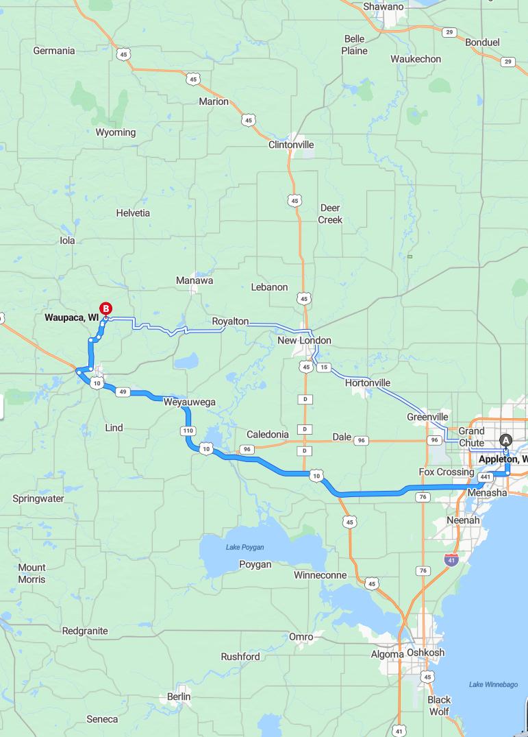 driving from Appleton, Wisconsin to WaupacaWisconsin - map and route
