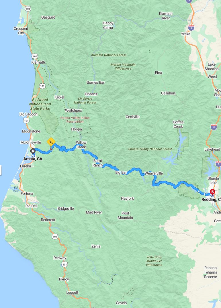 driving from Arcada, California to ReddingCalifornia - map and route