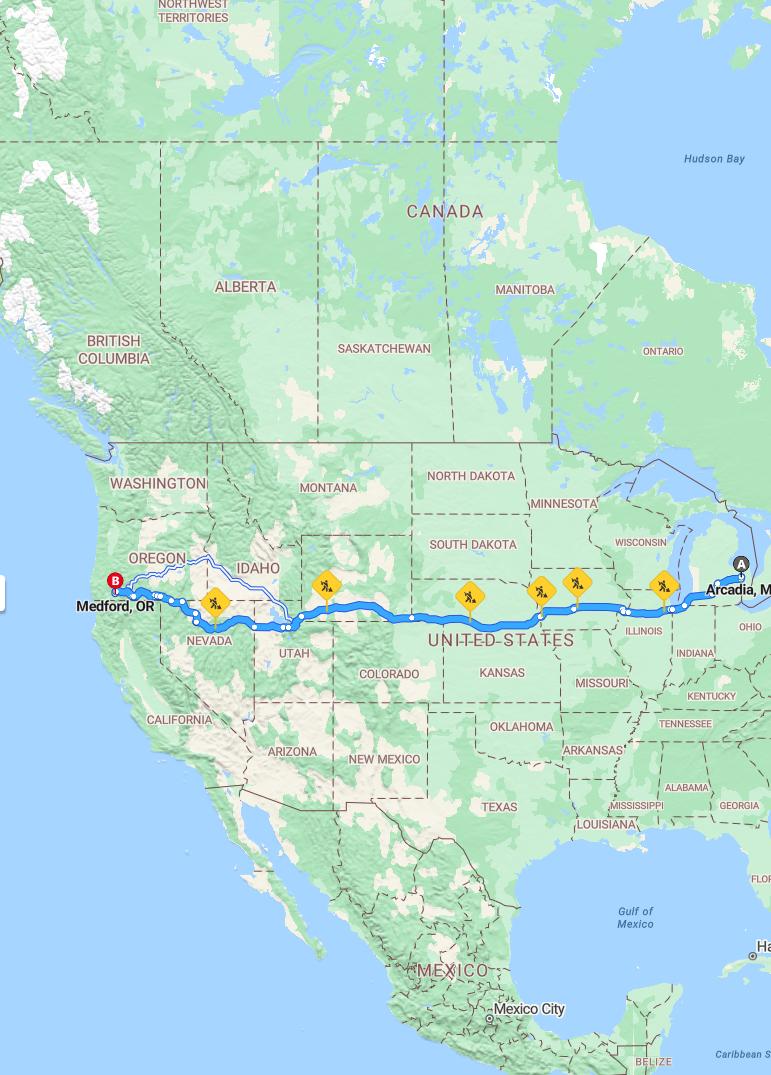 driving from Arcada, Michigan to MedfordOregon - map and route