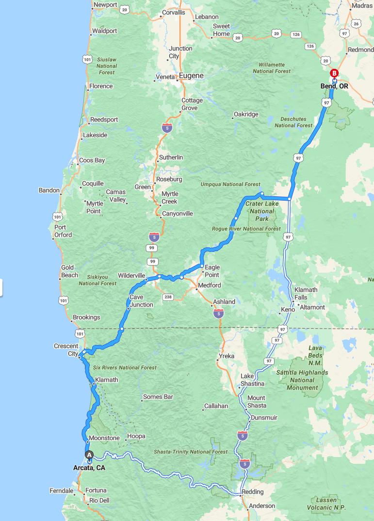 driving from Arcata, California to BendOregon - map and route