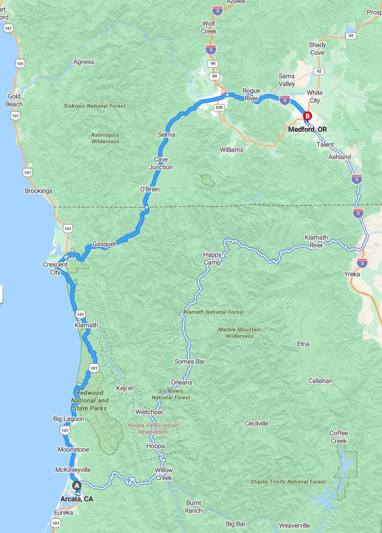 driving from Arcata, California to MedfordOregon - map and route