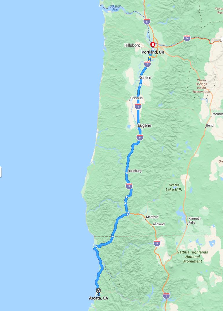 driving from Arcata, California to PortlandOregon - map and route