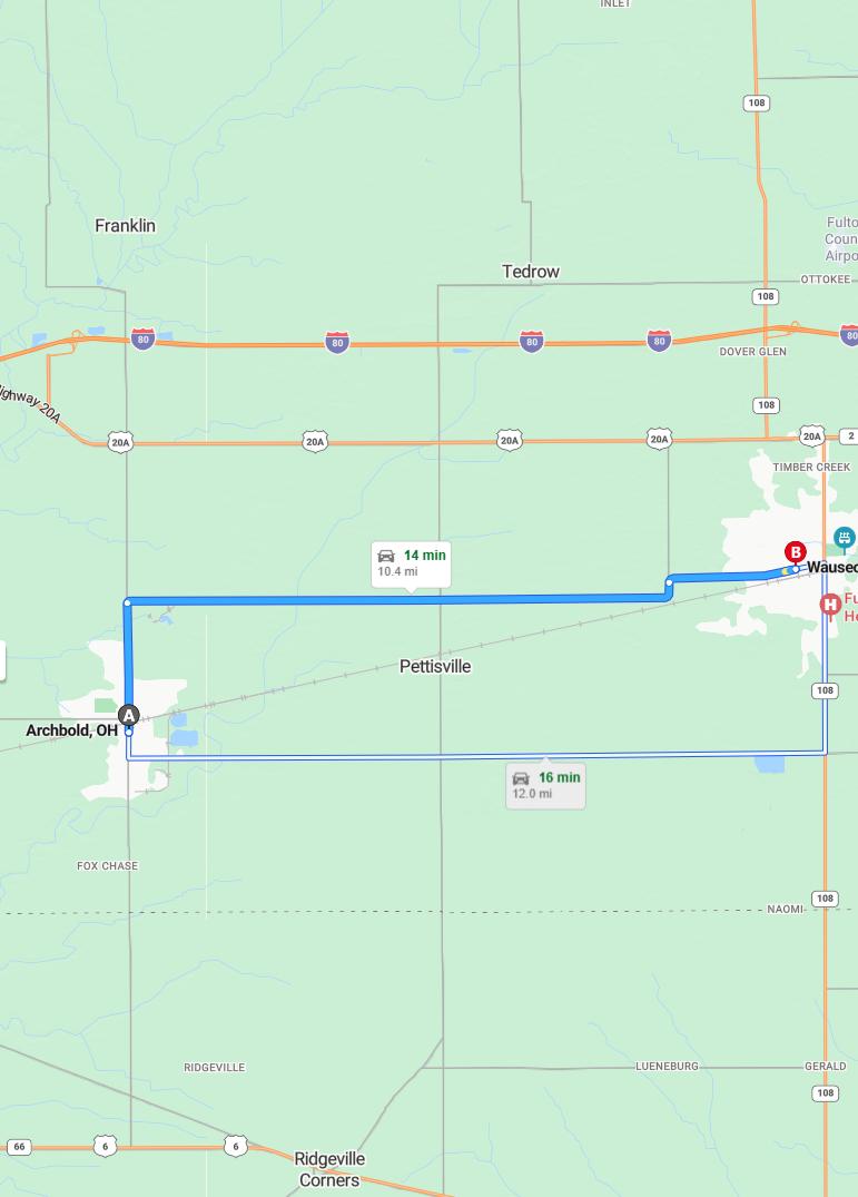 driving from Archbold, Ohio to WauseonOhio - map and route