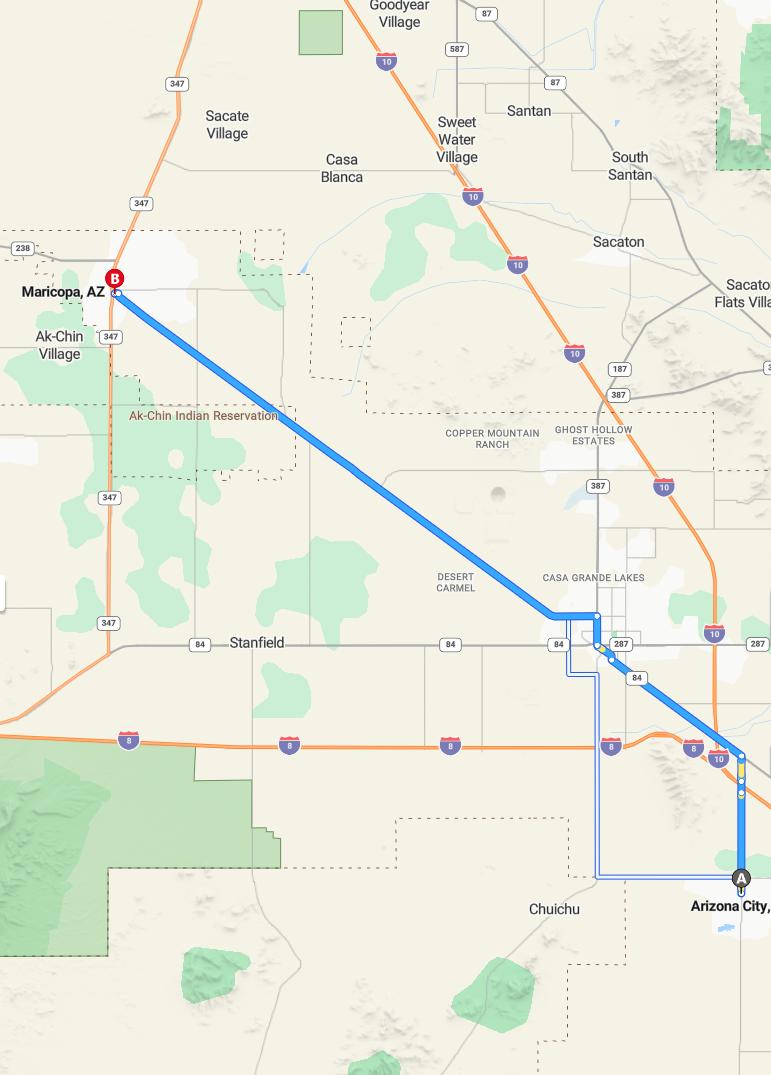driving from Arizona City, Arizona to MaricopaArizona - map and route
