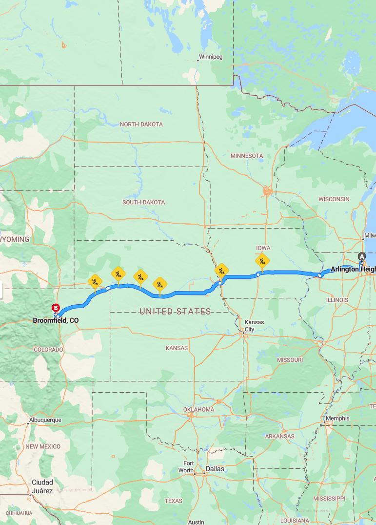 driving from Arlington Heights, Illinois to BroomfieldColorado - map and route