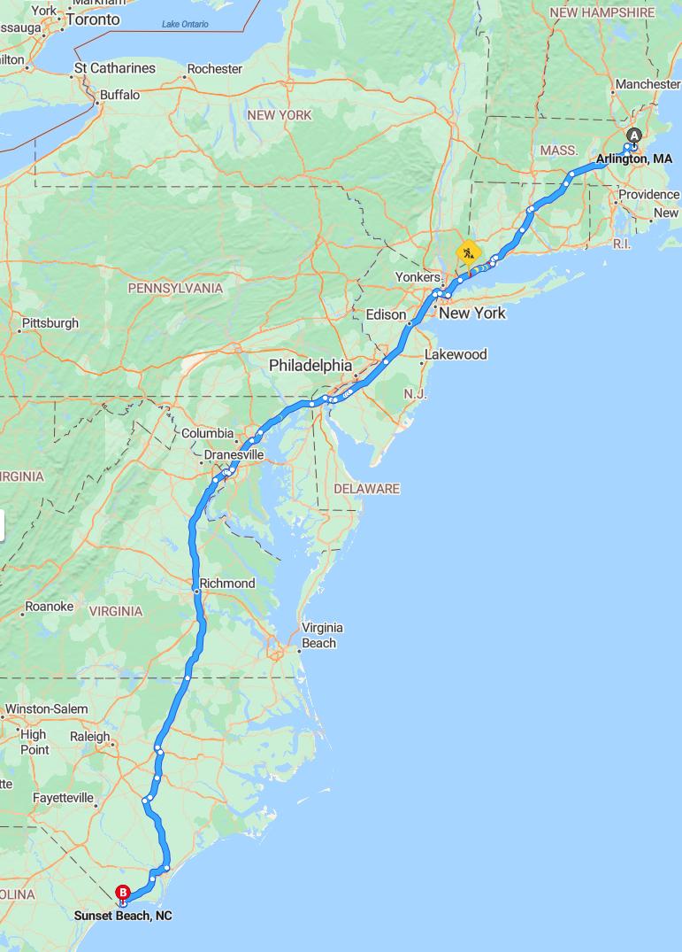 driving from Arlington, Massachusetts to Sunset BeachNorth Carolina - map and route