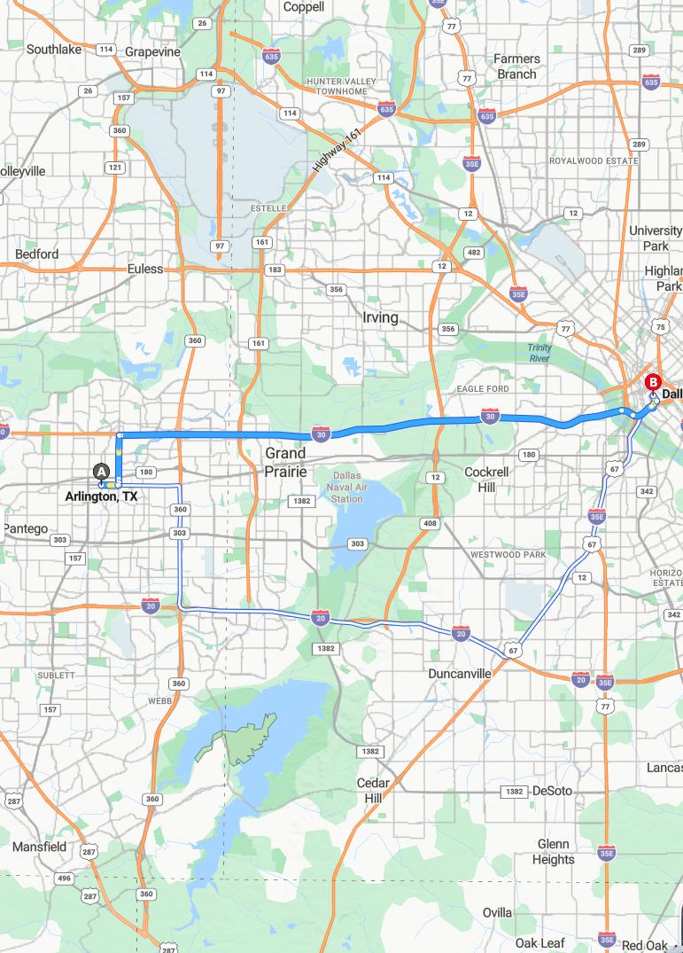 driving from Arlington, Texas to DallasTexas - map and route