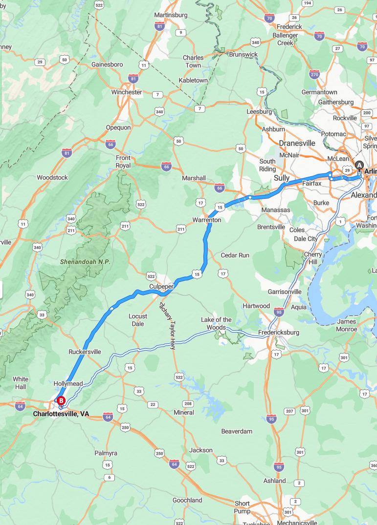 driving from Arlington, Virginia to CharlottesvilleVirginia - map and route