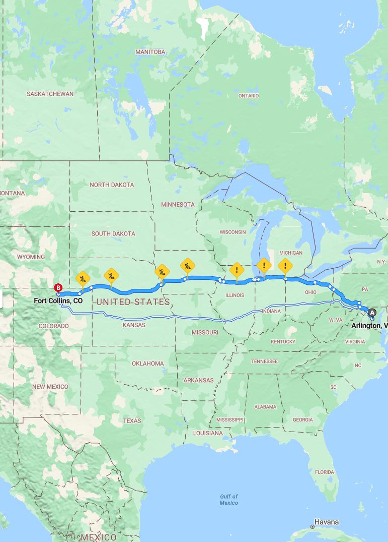 driving from Arlington, Virginia to Fort CollinsColorado - map and route