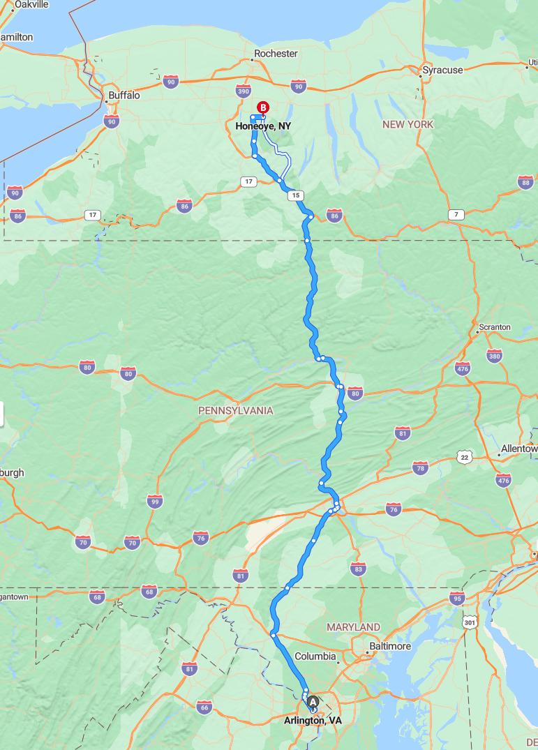 driving from Arlington, Virginia to HoneoyeNew York - map and route
