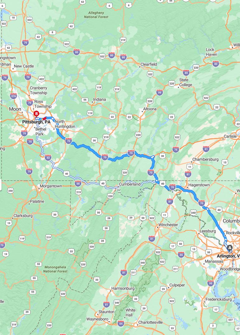 driving from Arlington, Virginia to PittsburgPennsylvania - map and route