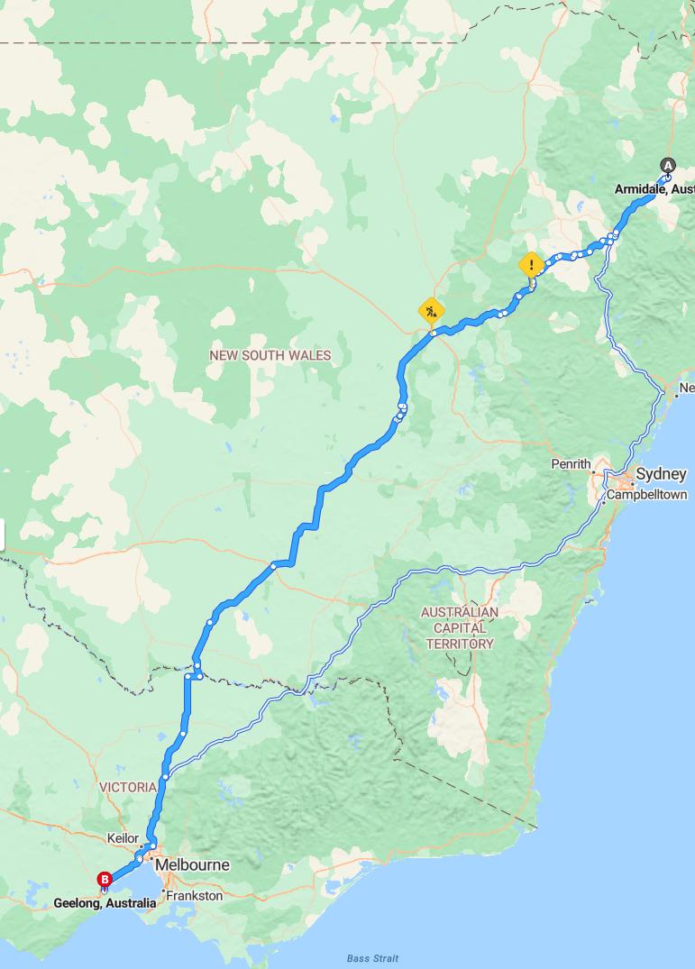 driving from Armidale, New South Wales to GeelongVictoria - map and route
