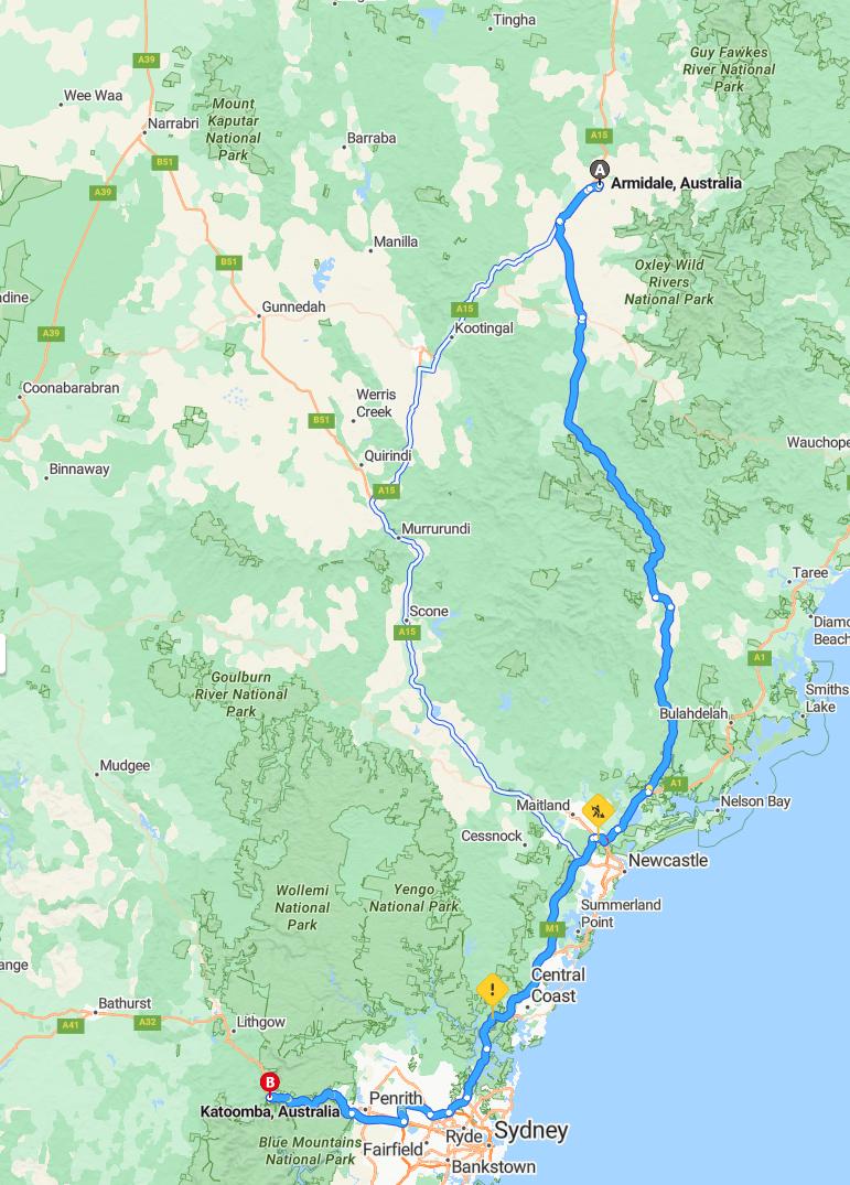 driving from Armidale, New South Wales to KatoombaNew South Wales - map and route
