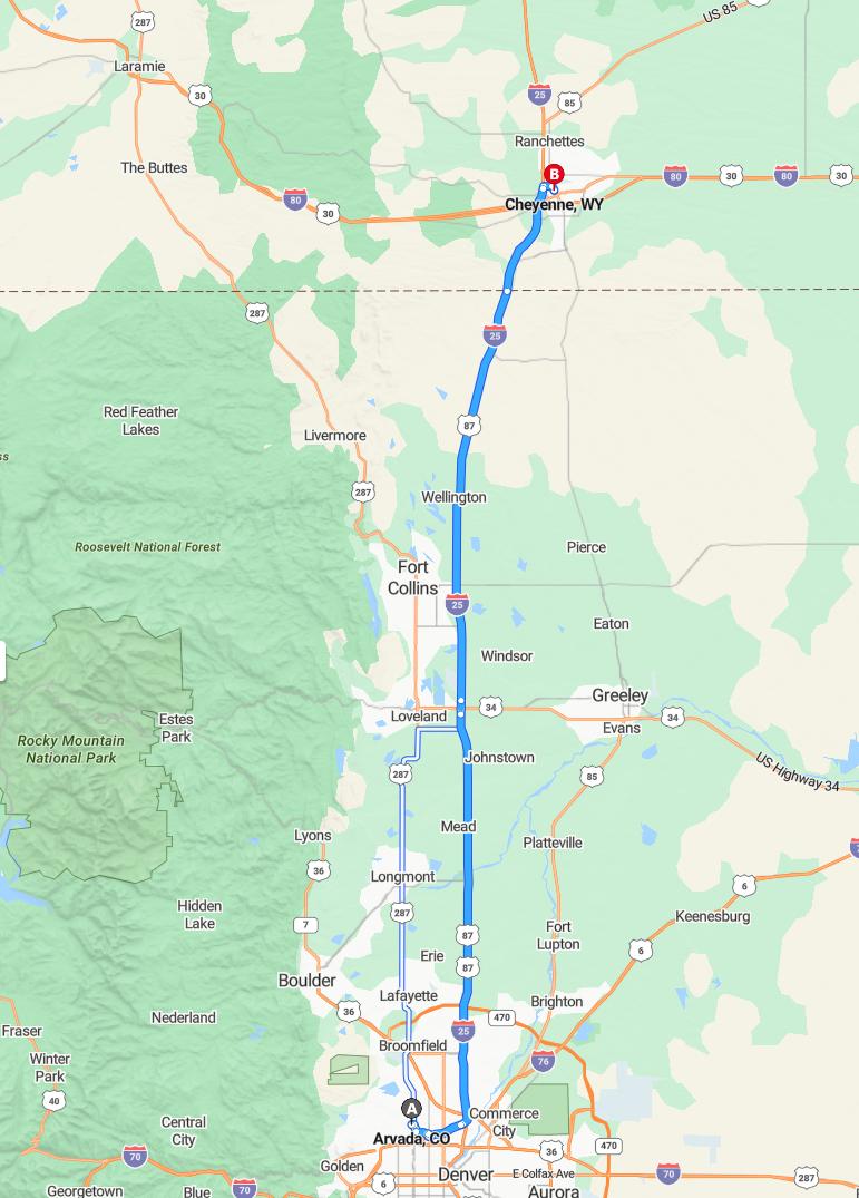 driving from Arvada, Colorado to CheyenneWyoming - map and route