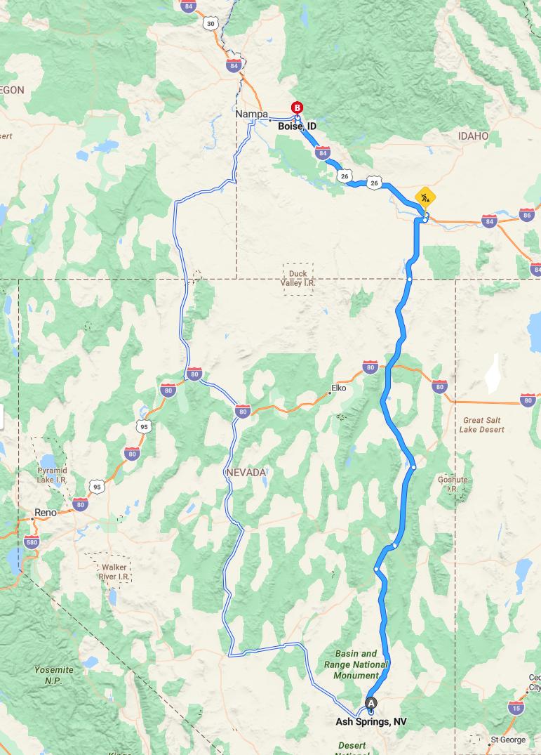 driving from Ash Springs, Nevada to BoiseIdaho - map and route