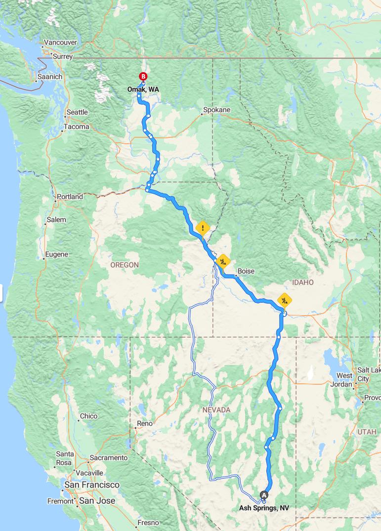driving from Ash Springs, Nevada to OmakWashington - map and route