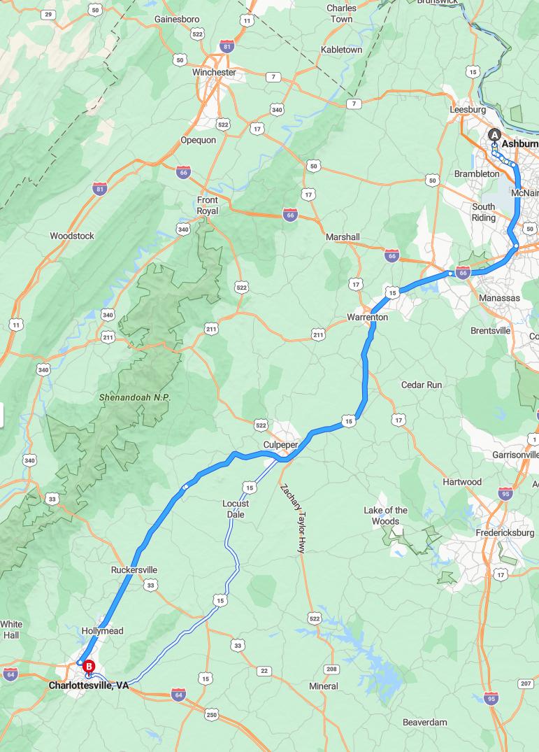 driving from Ashburn, Virginia to CharlottesvilleVirginia - map and route