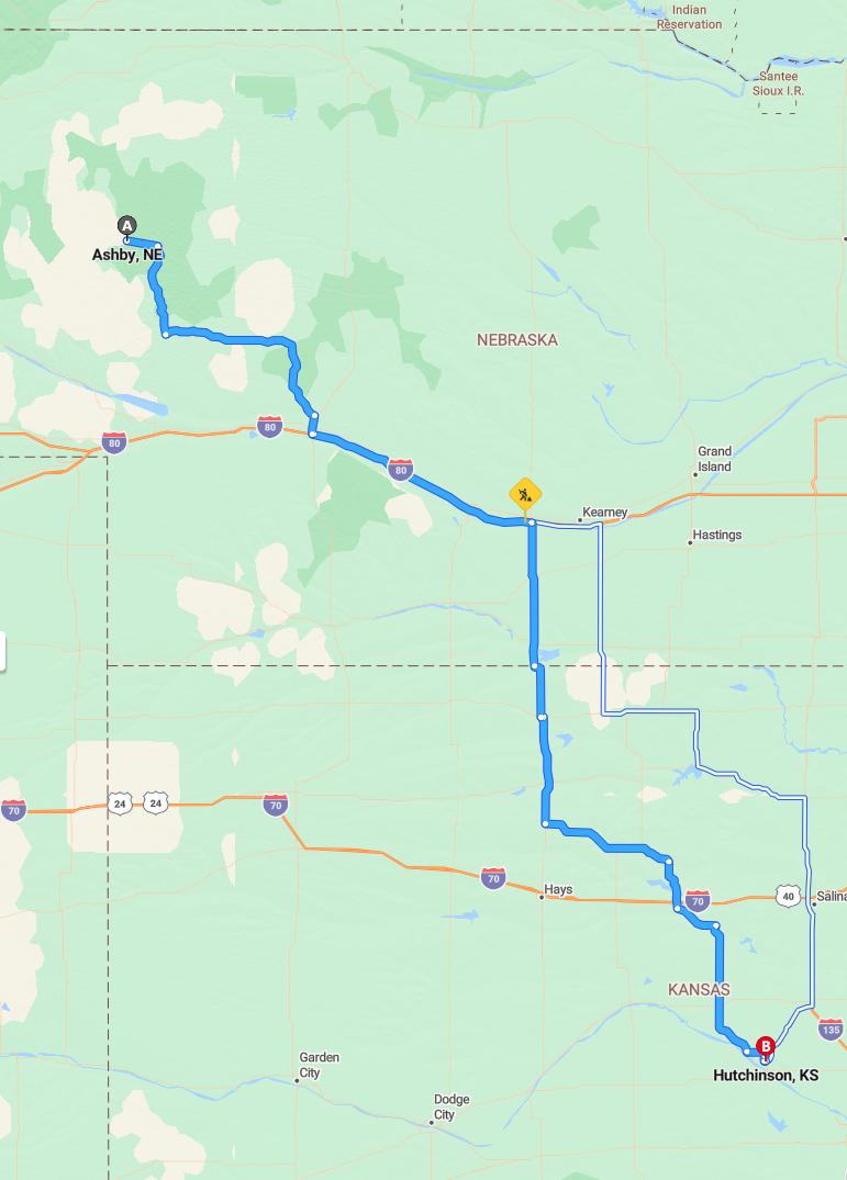 driving from Ashby, Nebraska to HutchinsonKansas - map and route