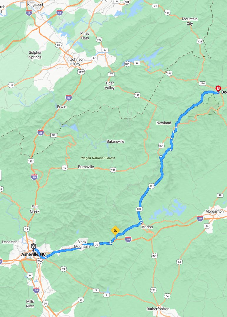 driving from Asheville, North Carolina to BooneNorth Carolina - map and route