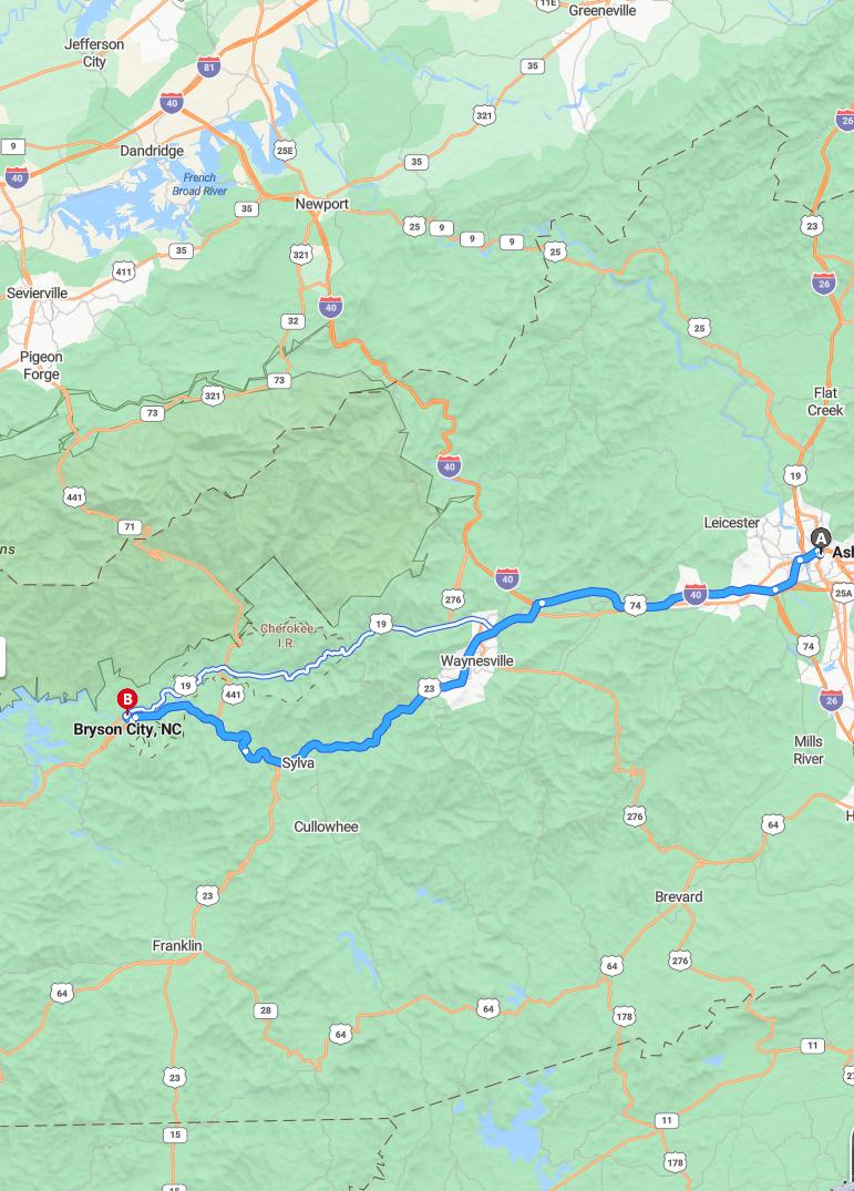 driving from Asheville, North Carolina to Bryson CityNorth Carolina - map and route
