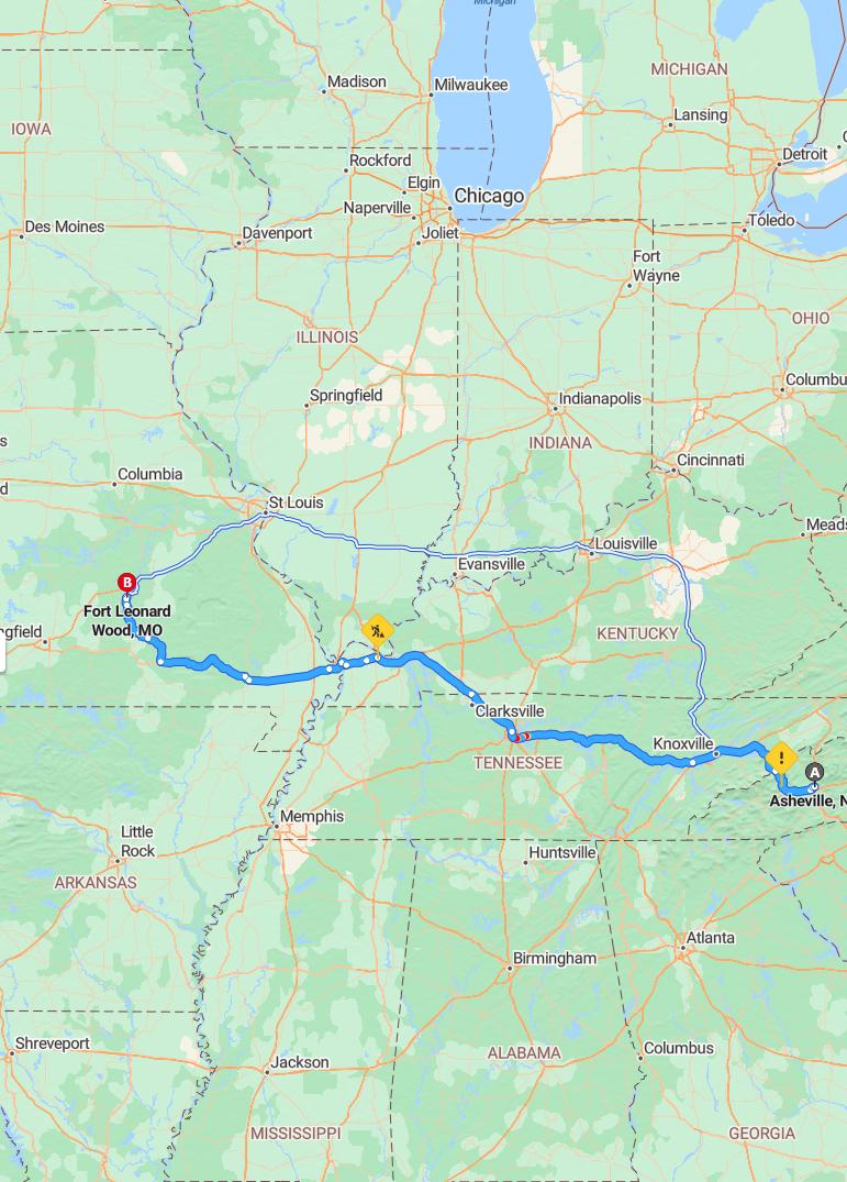 driving from Asheville, North Carolina to Fort Leonard WoodMissouri - map and route
