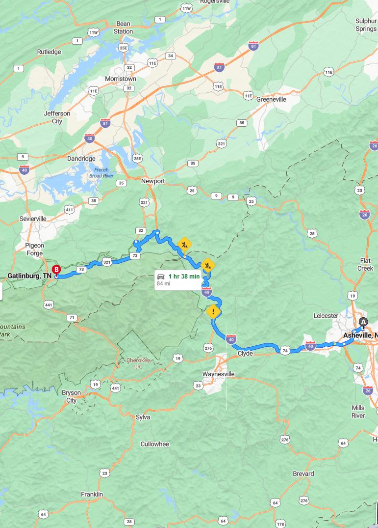 driving from Asheville, North Carolina to GatlinburgTennessee - map and route