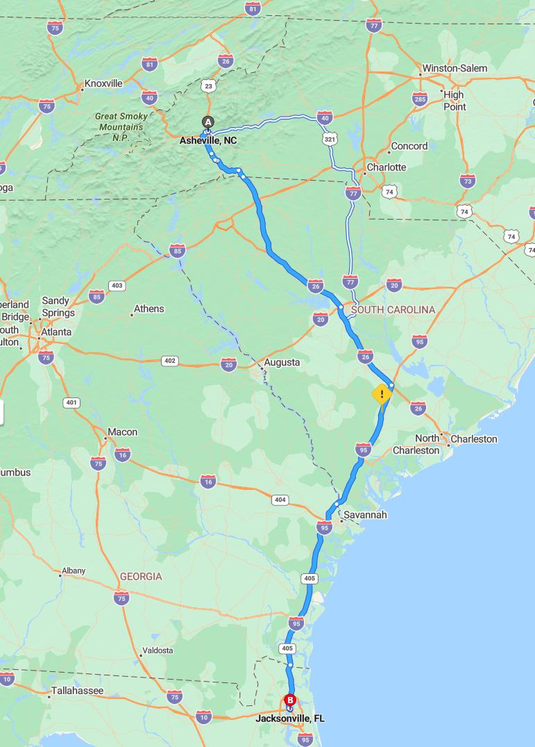 driving from Asheville, North Carolina to JacksonvilleFlorida - map and route