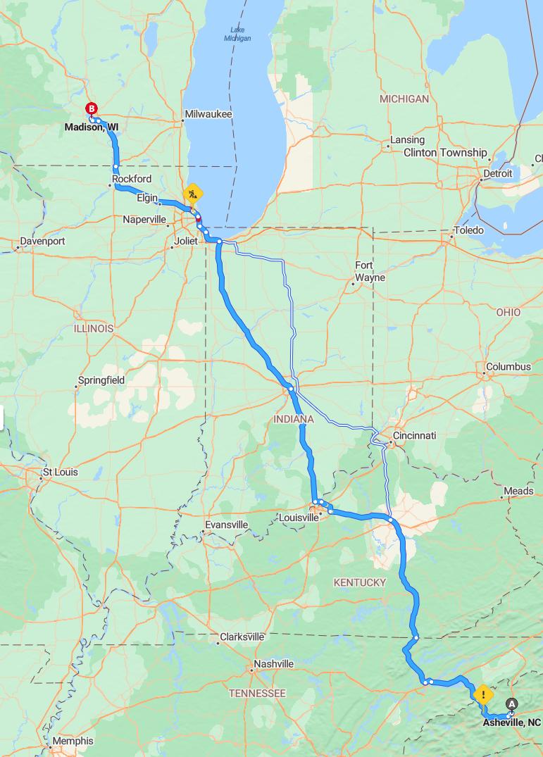 driving from Asheville, North Carolina to MadisonWisconsin - map and route