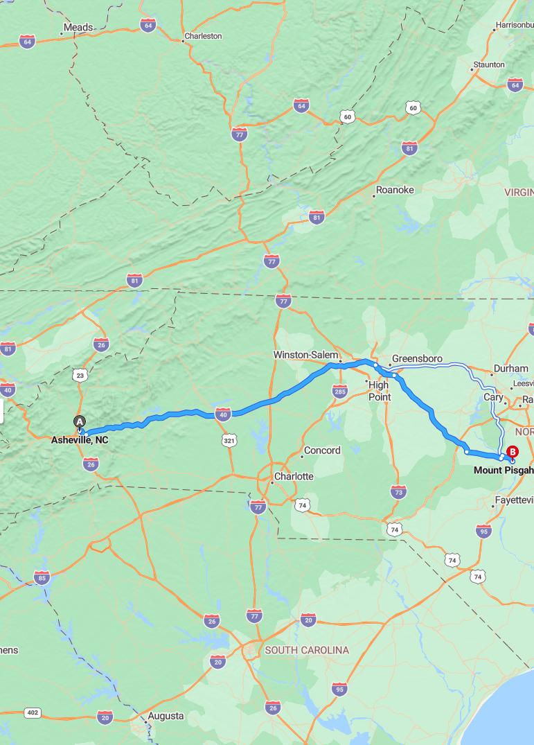 driving from Asheville, North Carolina to Mount PisgahNorth Carolina - map and route
