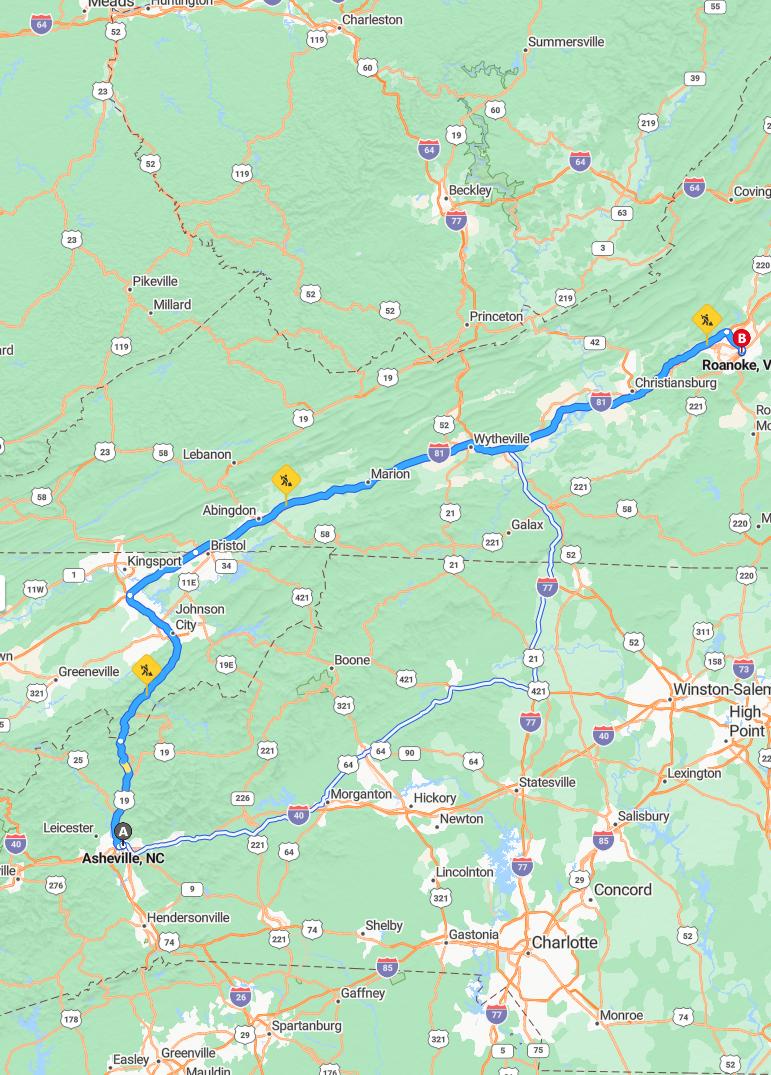 driving from Asheville, North Carolina to RoanokeVirginia - map and route