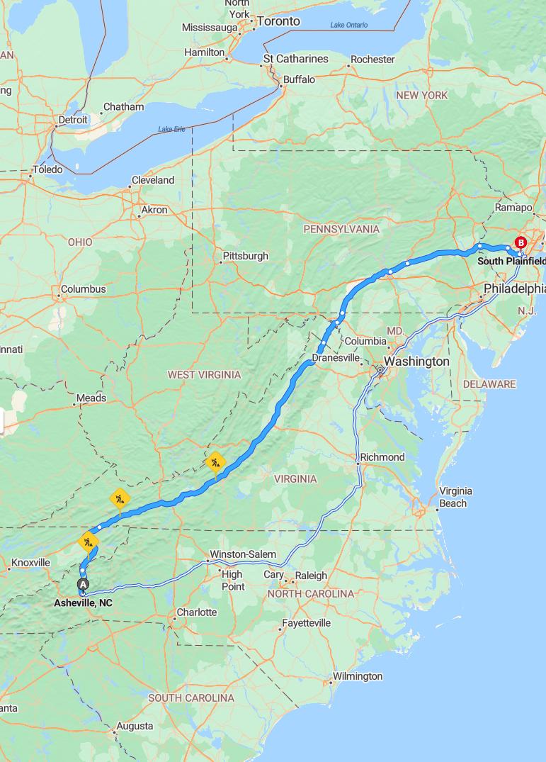 driving from Asheville, North Carolina to South PlainfieldNew Jersey - map and route