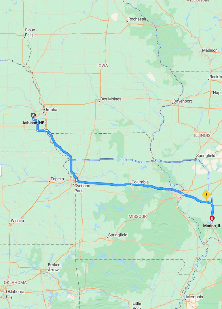 driving from Ashland, Nebraska to MarionIllinois - map and route
