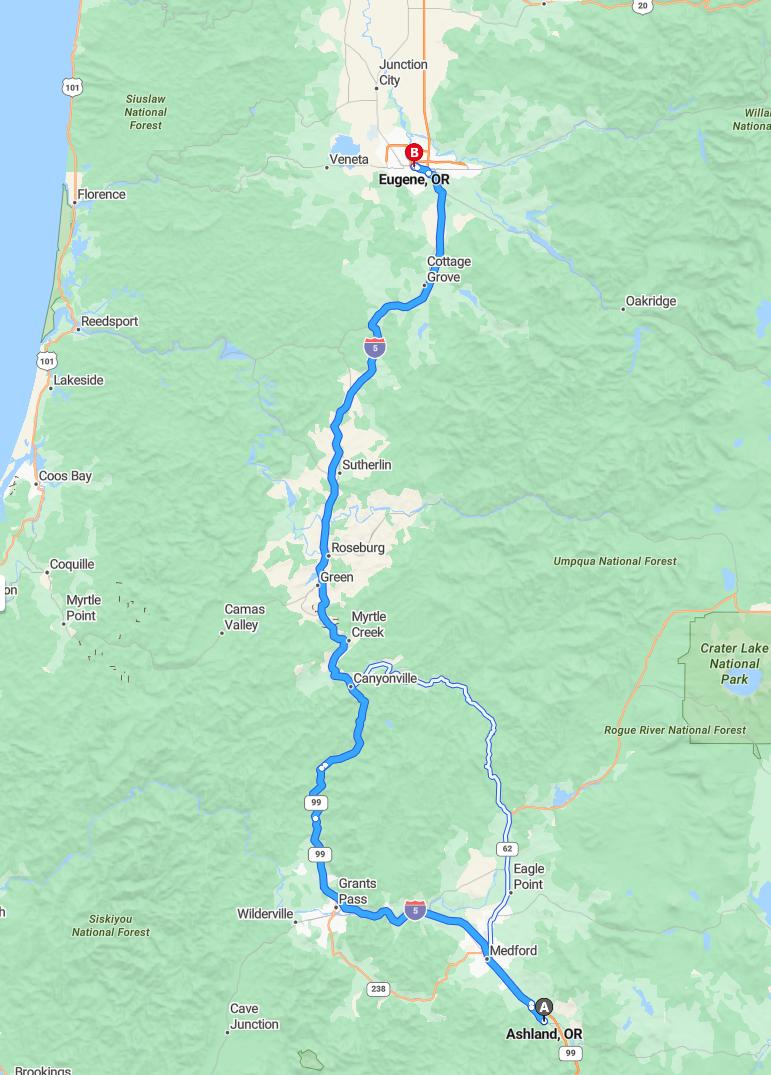 driving from Ashland, Oregon to EugeneOregon - map and route