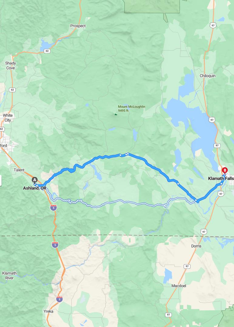 driving from Ashland, Oregon to Klamath FallsOregon - map and route