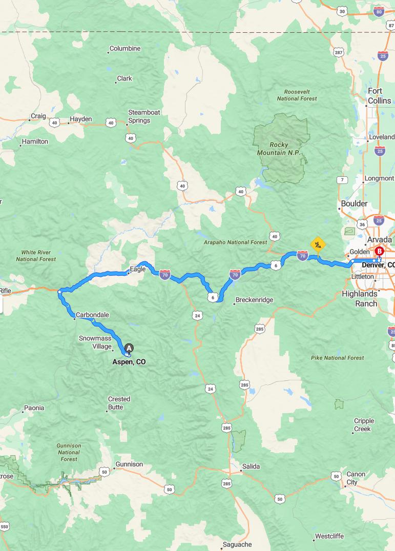 driving from Aspen, Colorado to DenverColorado - map and route