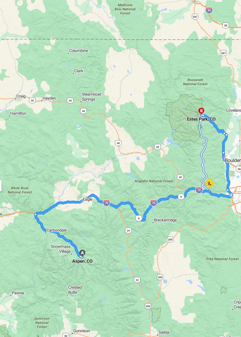 driving from Aspen, Colorado to Estes ParkColorado - map and route