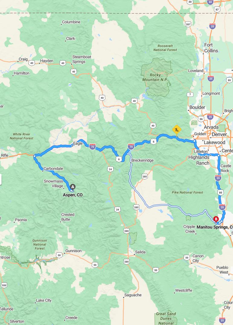 driving from Aspen, Colorado to ManitouColorado - map and route