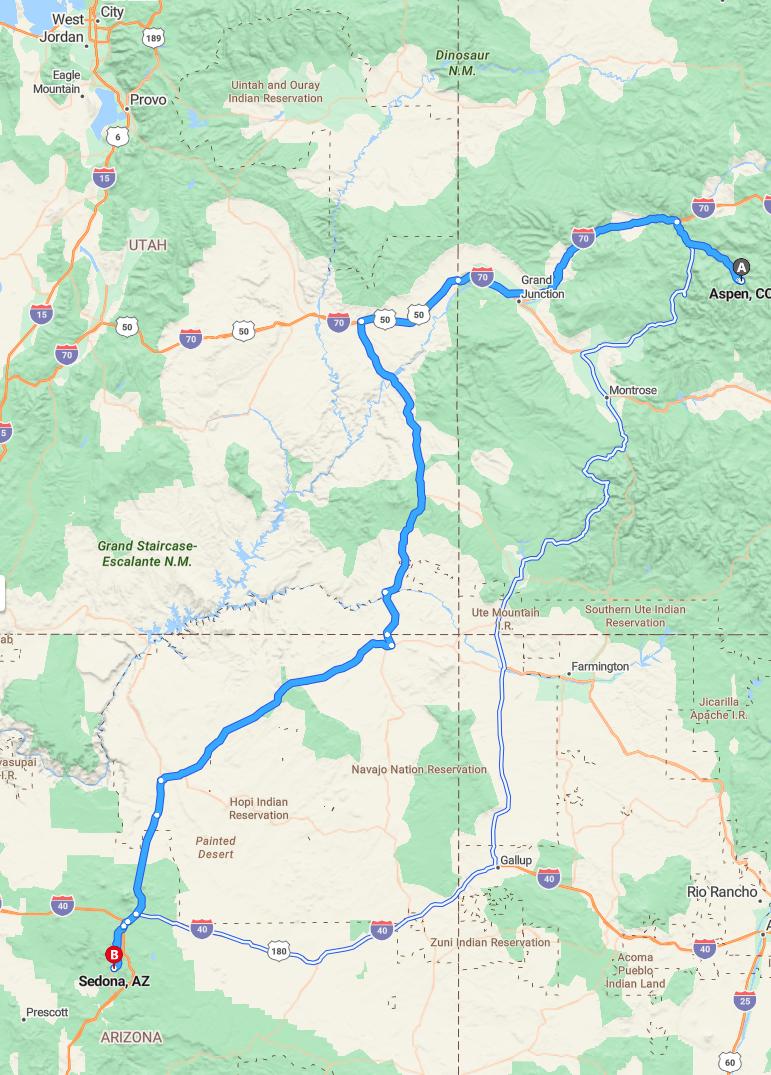 driving from Aspen, Colorado to SedonaArizona - map and route